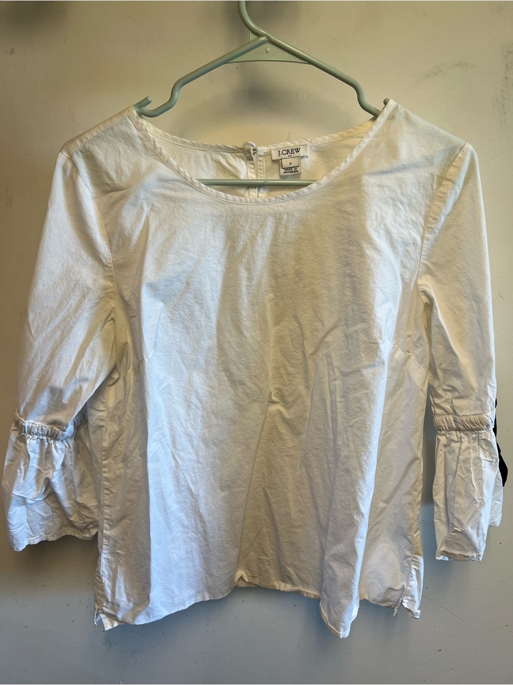 J. Crew White Cotton Boatneck 3/4 Sleeve Blouse with Ruffle Cuffs